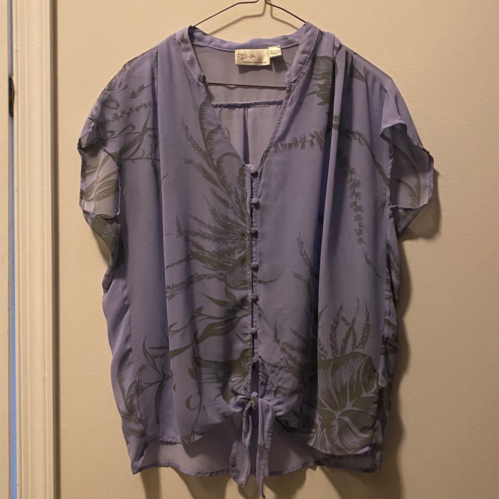 Tropical print button up tie blouse